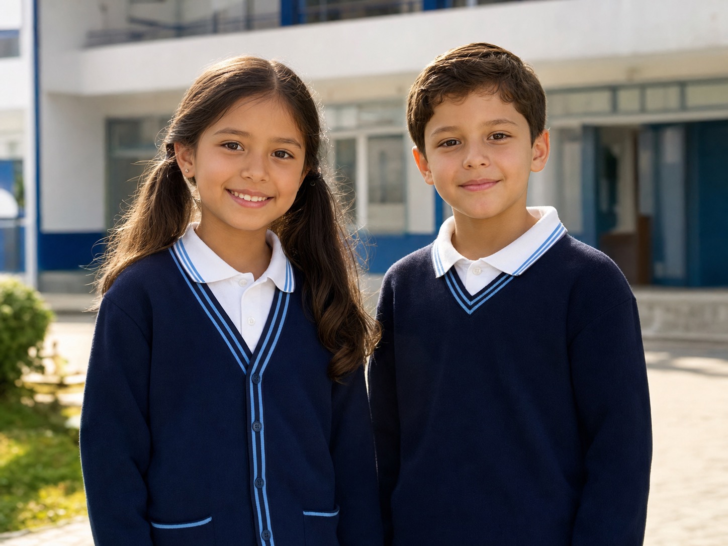 Dos niños usando playera y suéter escolar personalizados