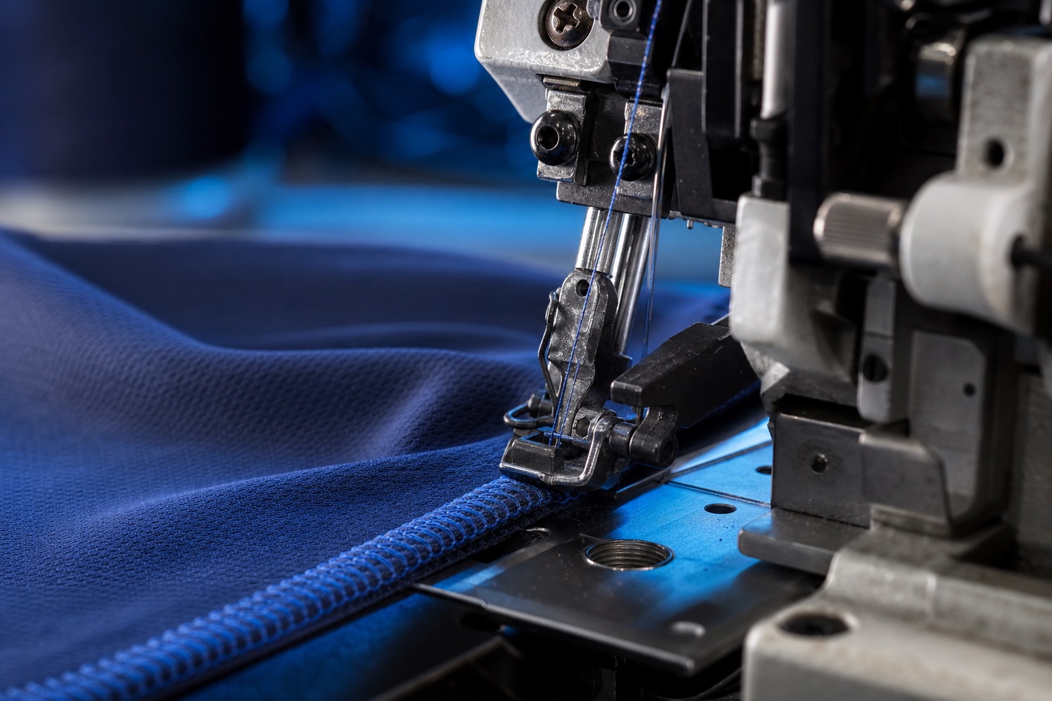 Máquina overlock industrial trabajando tela azul